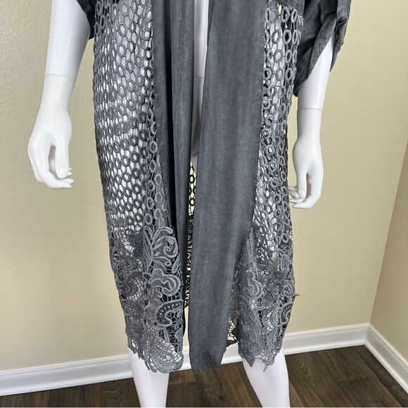 Italy Linen Women Size OS Gray Roll Sleeves Embroidered Cardigan NEW Long Line - Picture 4 of 15
